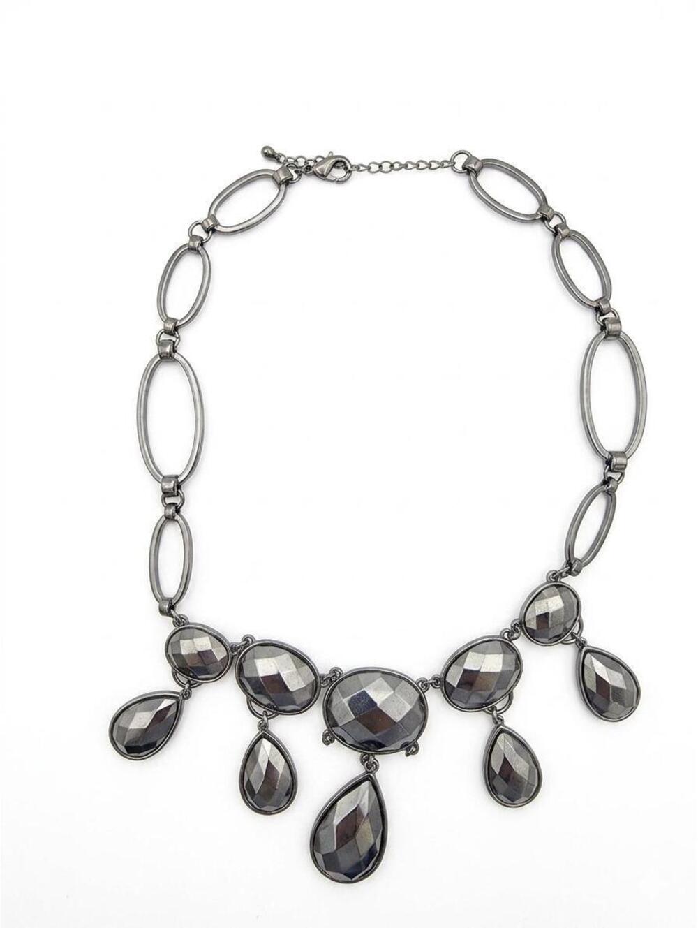 Gunmetal Statement Necklace, Smoky Gray Crystal Bib Choker, Dark Silver Teardrop